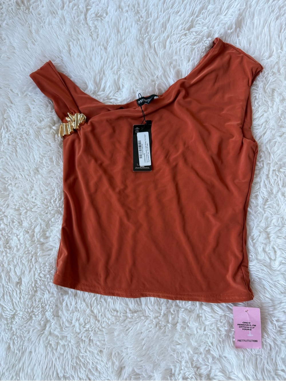 PrettyLittleThing Rust One-Shoulder Crop Top with Gold Detail